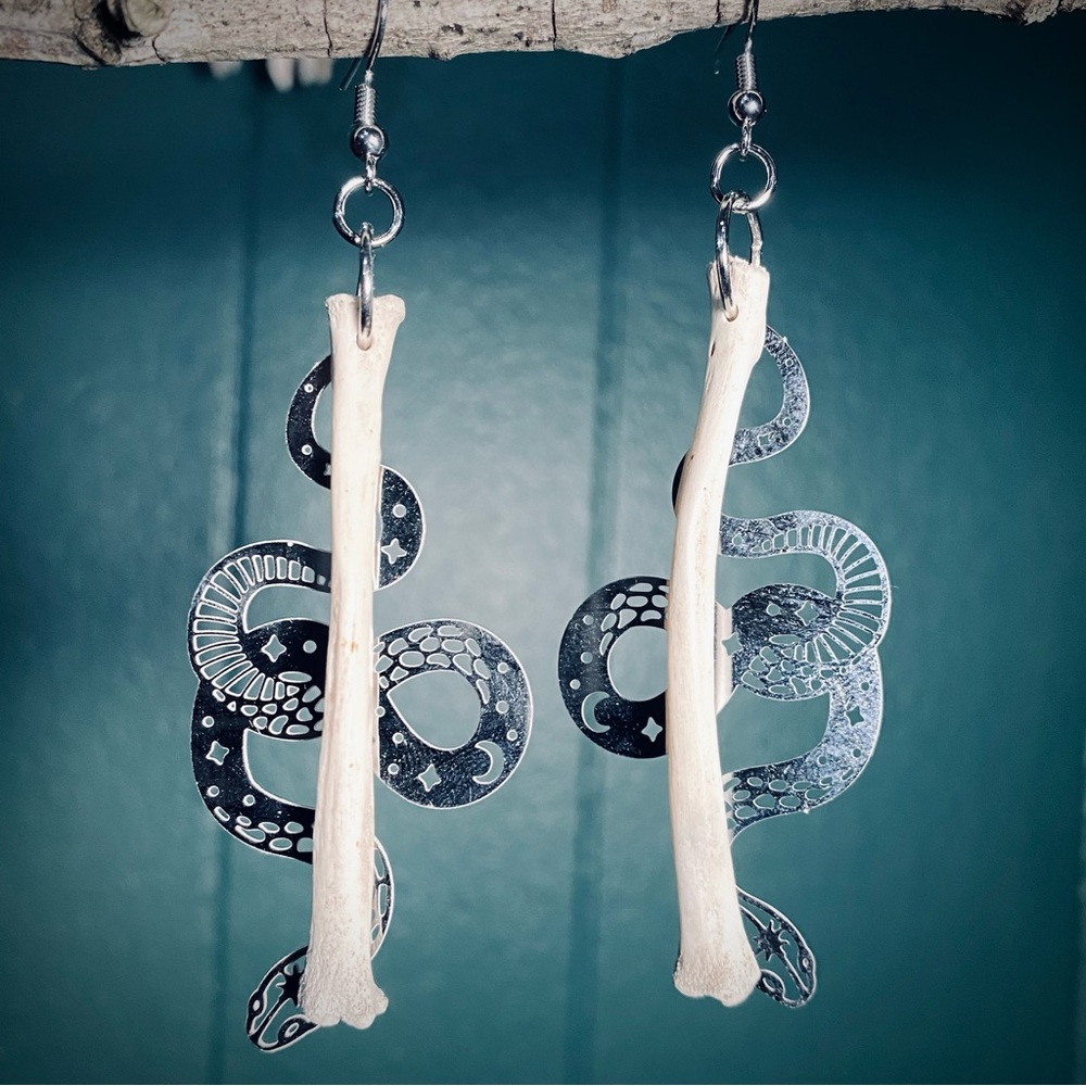 Possum Radius Bone Snake Moon Earrings